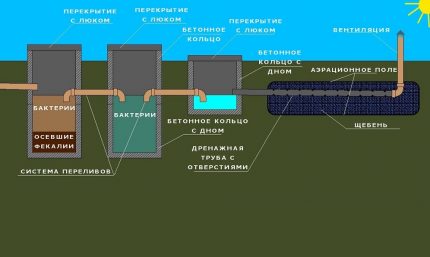 Schema unei stații de epurare cu evacuarea efluenților în câmpurile de filtrare