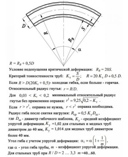 Esquema e fórmulas para calcular a flexão de tubos