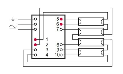 Conectarea a patru lămpi pe balasturi electronice